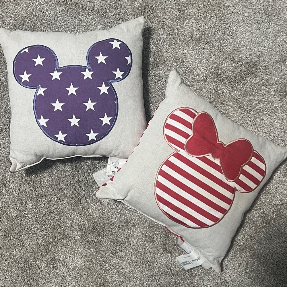 Disney Patriotic Throw Pillows Set Mickey & Minnie Americana Red White Blue 12”